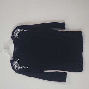 BCX Black Crewneck Pearl Bead Rhinestone Dazzled Shoulder 3/4 Sleeve Sweater
